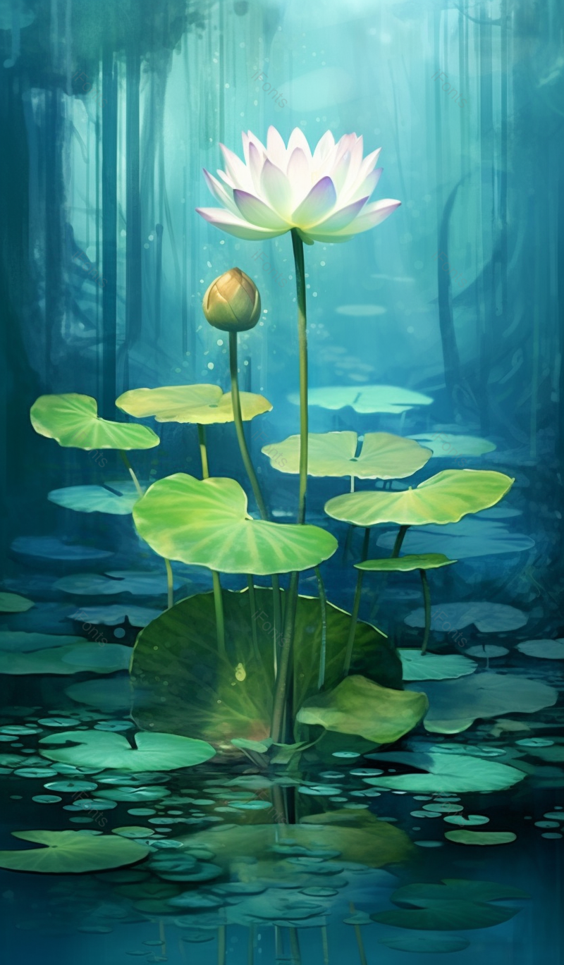 唯美绿色夏至池塘的荷花风景清新插画背景,插画/手绘图,插画/手绘图库,插画/手绘图下载,插画/手绘
